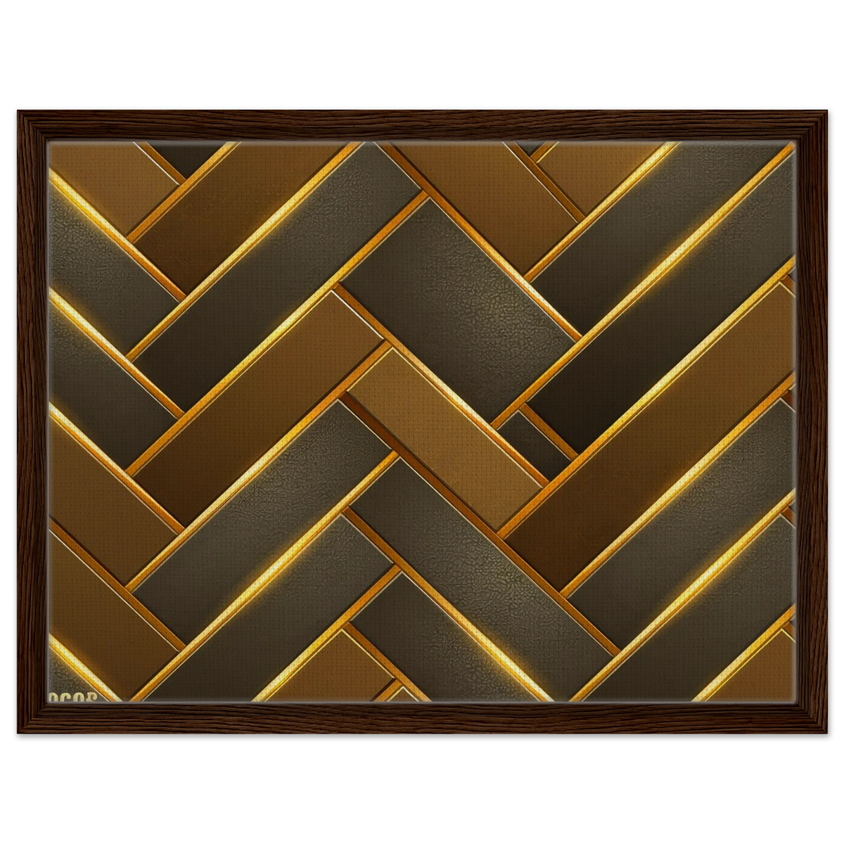 Framed wall art featuring a geometric herringbone pattern in metallic gold and dark bronze tones, enclosed in a dark brown wood frame against a white background.