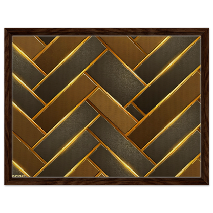 Framed wall art featuring a geometric herringbone pattern in metallic gold and dark bronze tones, enclosed in a dark brown wood frame against a white background.