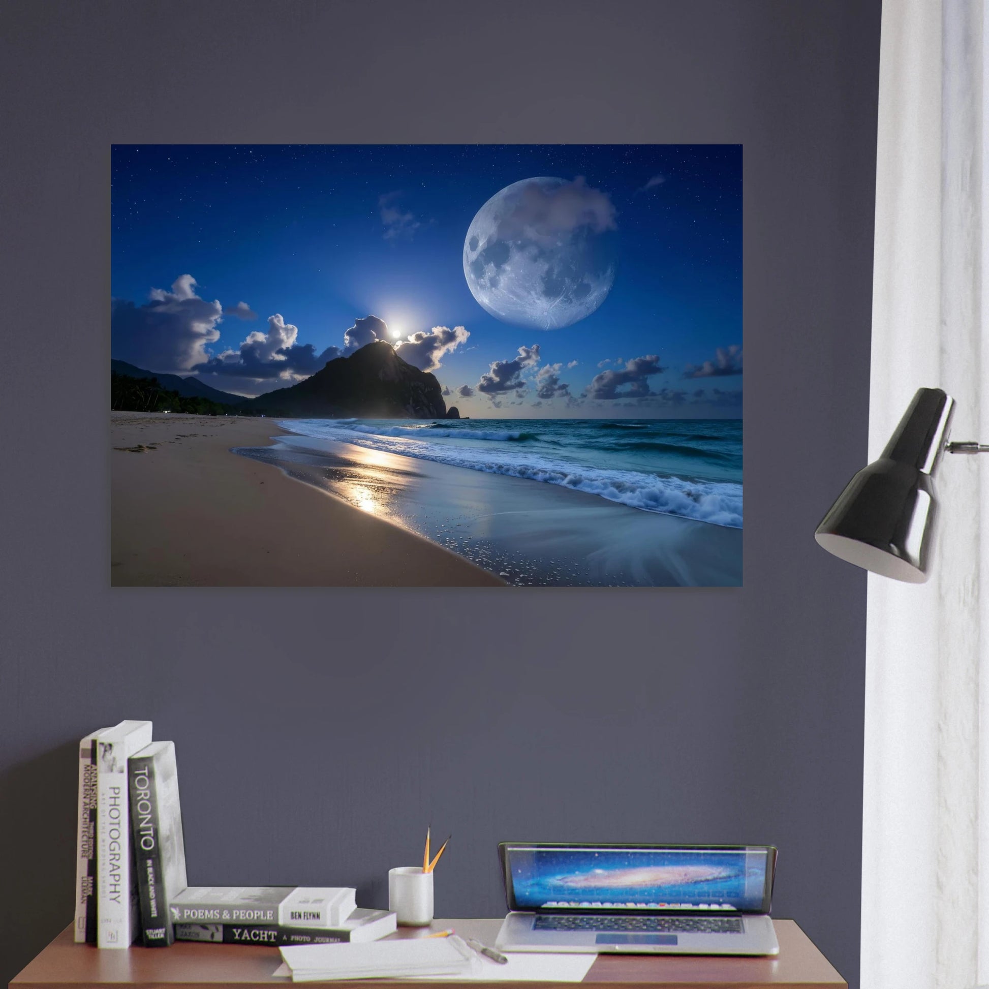 A serene moonlit coast canvas print featuring a giant moon, a starlit sky, and soft tranquil waves