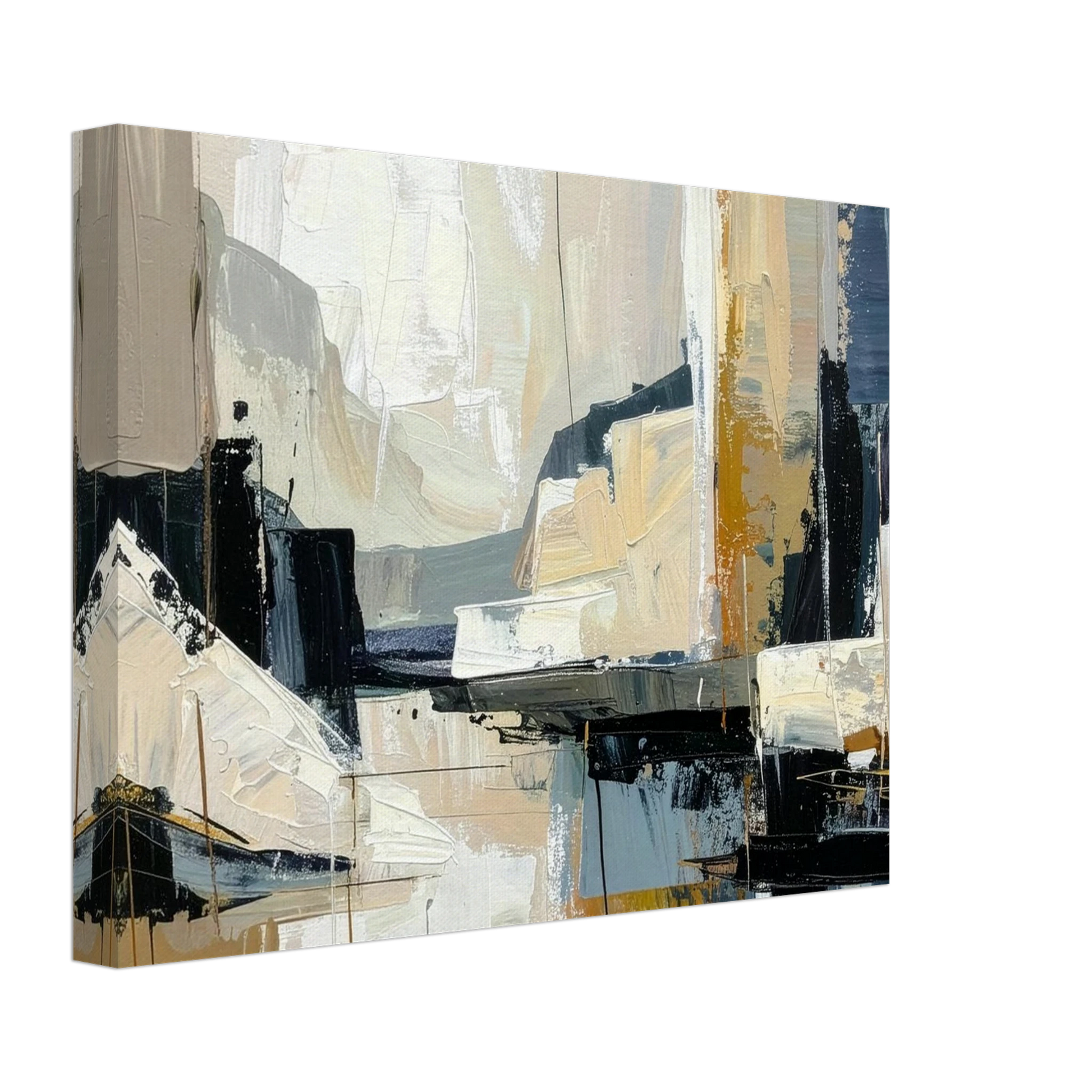 Abstract art painting with a mix of black, white, gray, and beige colors on a white background.