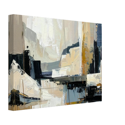 Abstract art painting with a mix of black, white, gray, and beige colors on a white background.