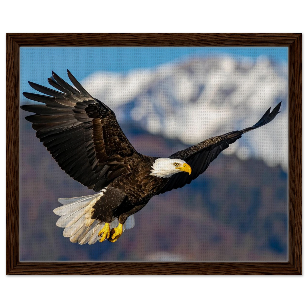 Majestic Soaring Bald Eagle Mountain Wall Art framed canvas in dark wood