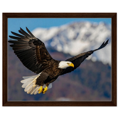 Majestic Soaring Bald Eagle Mountain Wall Art framed canvas in dark wood