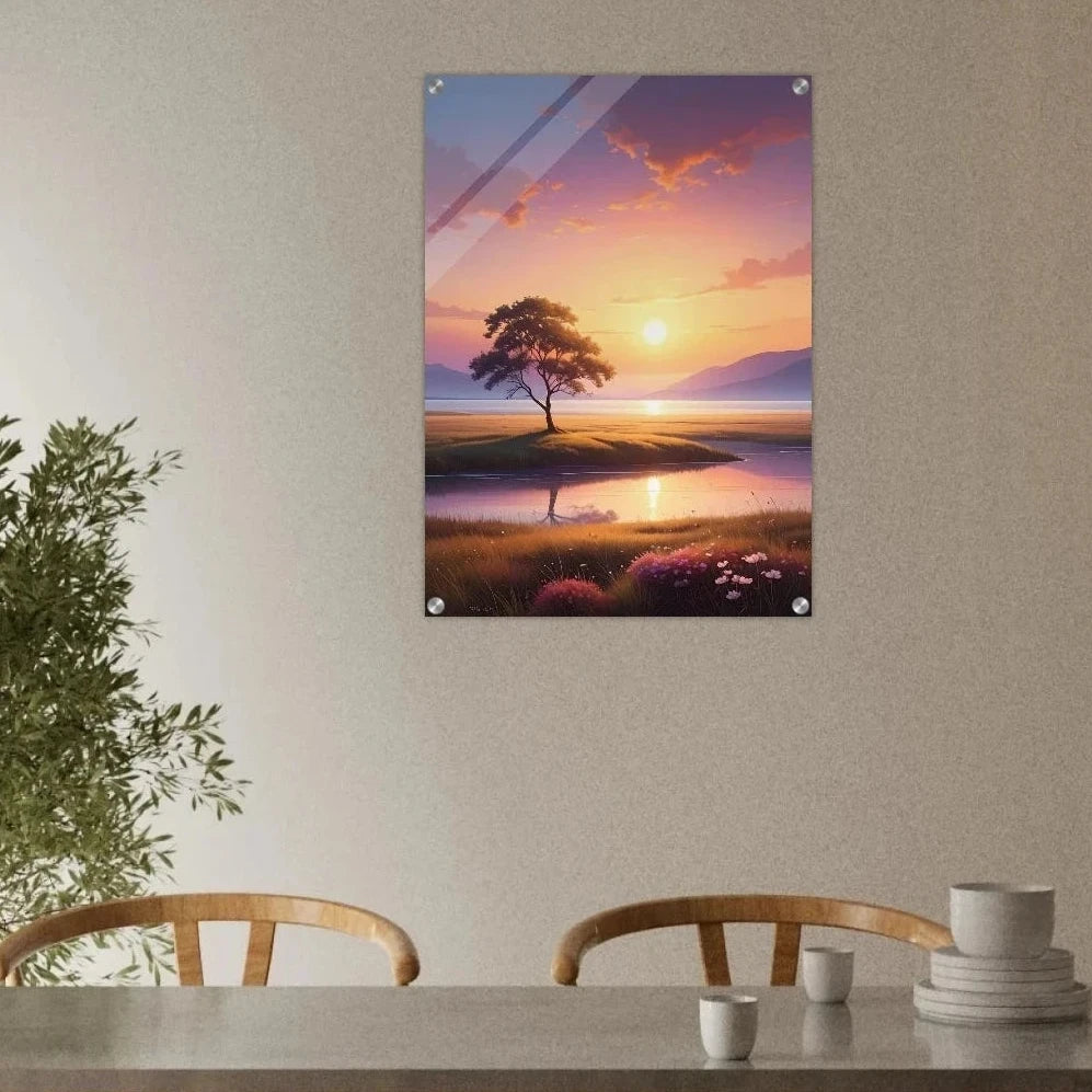  A digital painting of a solitary tree on a grassy island during a vibrant purple and orange sunset, reflected in a calm lake with mountains in the distance.