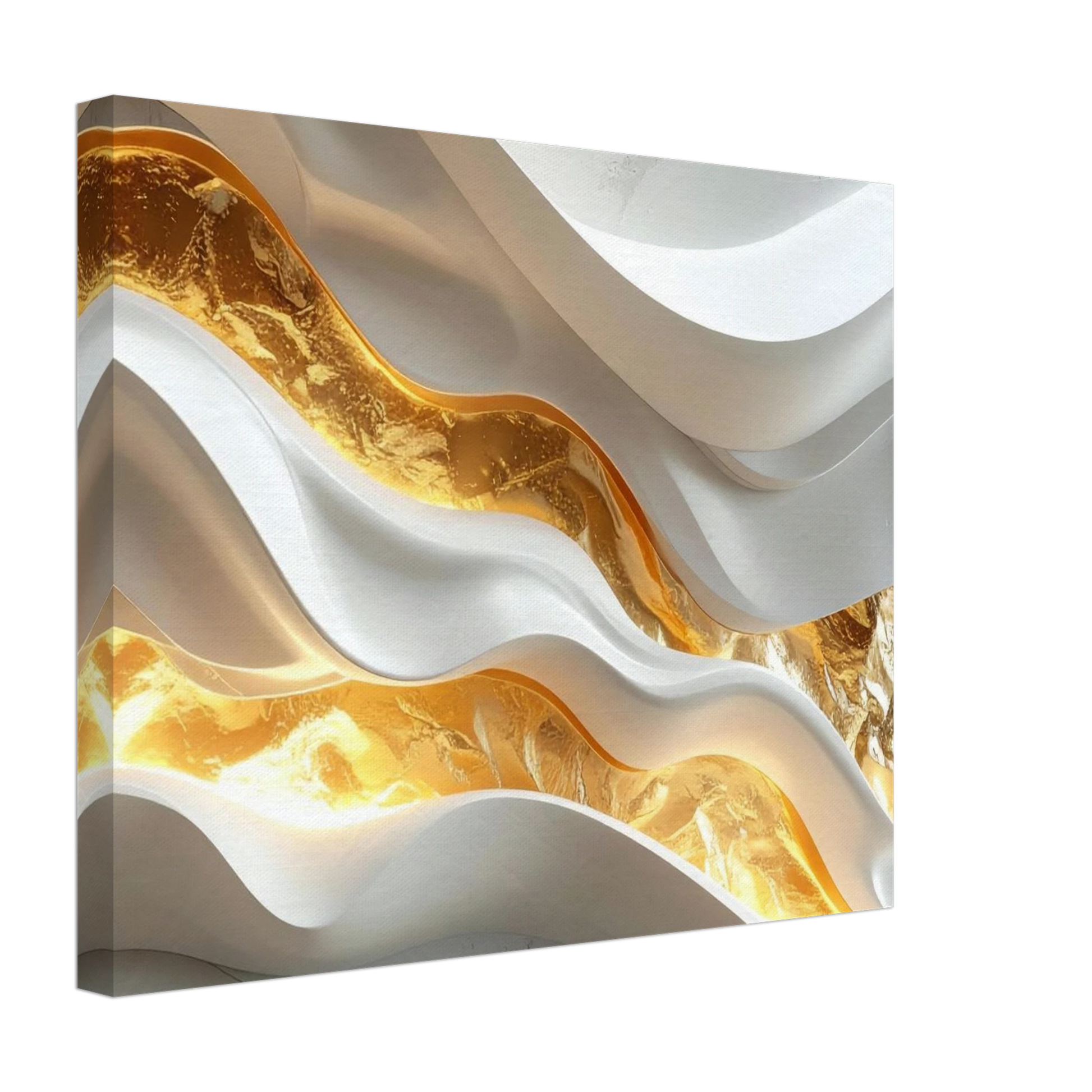 Abstract art piece with wavy patterns in gold and white on a white background