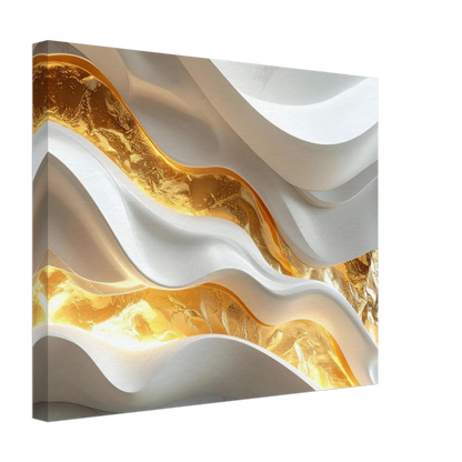 Abstract art piece with wavy patterns in gold and white on a white background