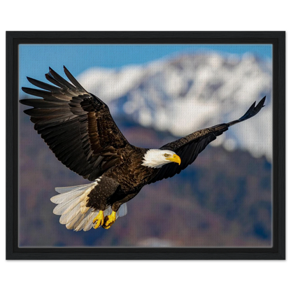 Majestic Soaring Bald Eagle Mountain Wall Art framed canvas in black frame