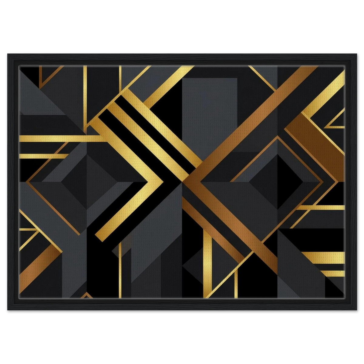 Framed wall art featuring a modern geometric abstract design with black and dark gray shapes outlined and accented by metallic gold lines, set in a dark brown wood frame against a plain white background.
