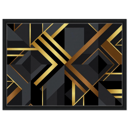 Framed wall art featuring a modern geometric abstract design with black and dark gray shapes outlined and accented by metallic gold lines, set in a dark brown wood frame against a plain white background.