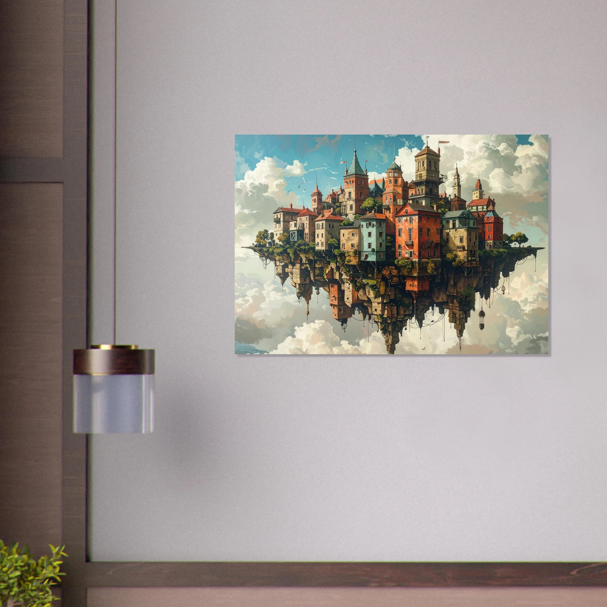 Imaginative surreal art featuring a complex city built upside down, hanging from the sky in a fantasy landscape.