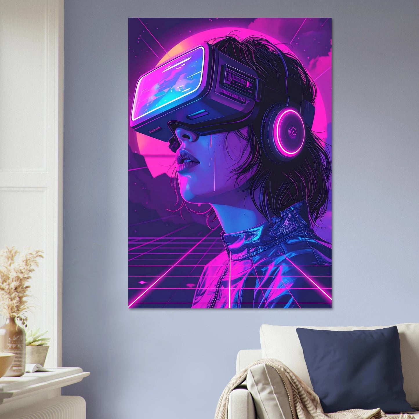 Vibrant vaporwave style art featuring a gamer in a neon pink and purple lighting with retro gaming elements