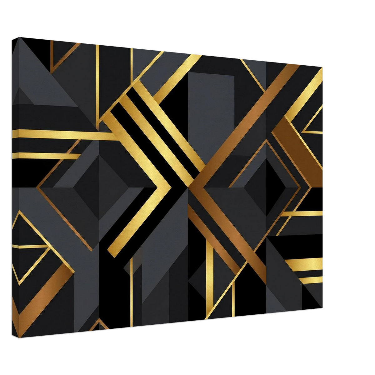 A square canvas wall art print featuring a modern geometric Art Deco design with black and gold abstract shapes, shown at an angle on a white background.