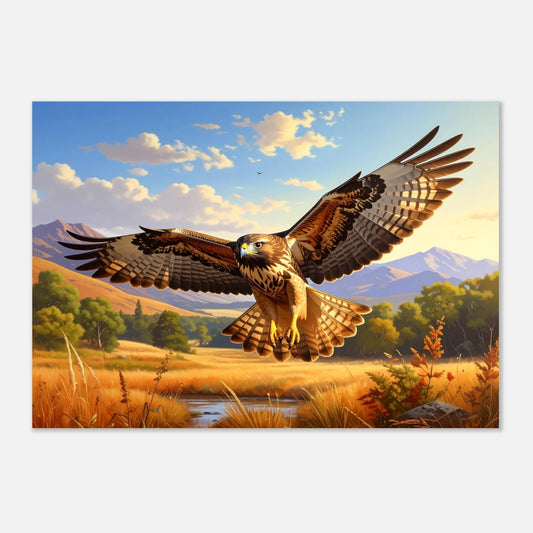 High-detail wildlife photography of a majestic Red Tail Hawk in flight against a natural outdoor background.