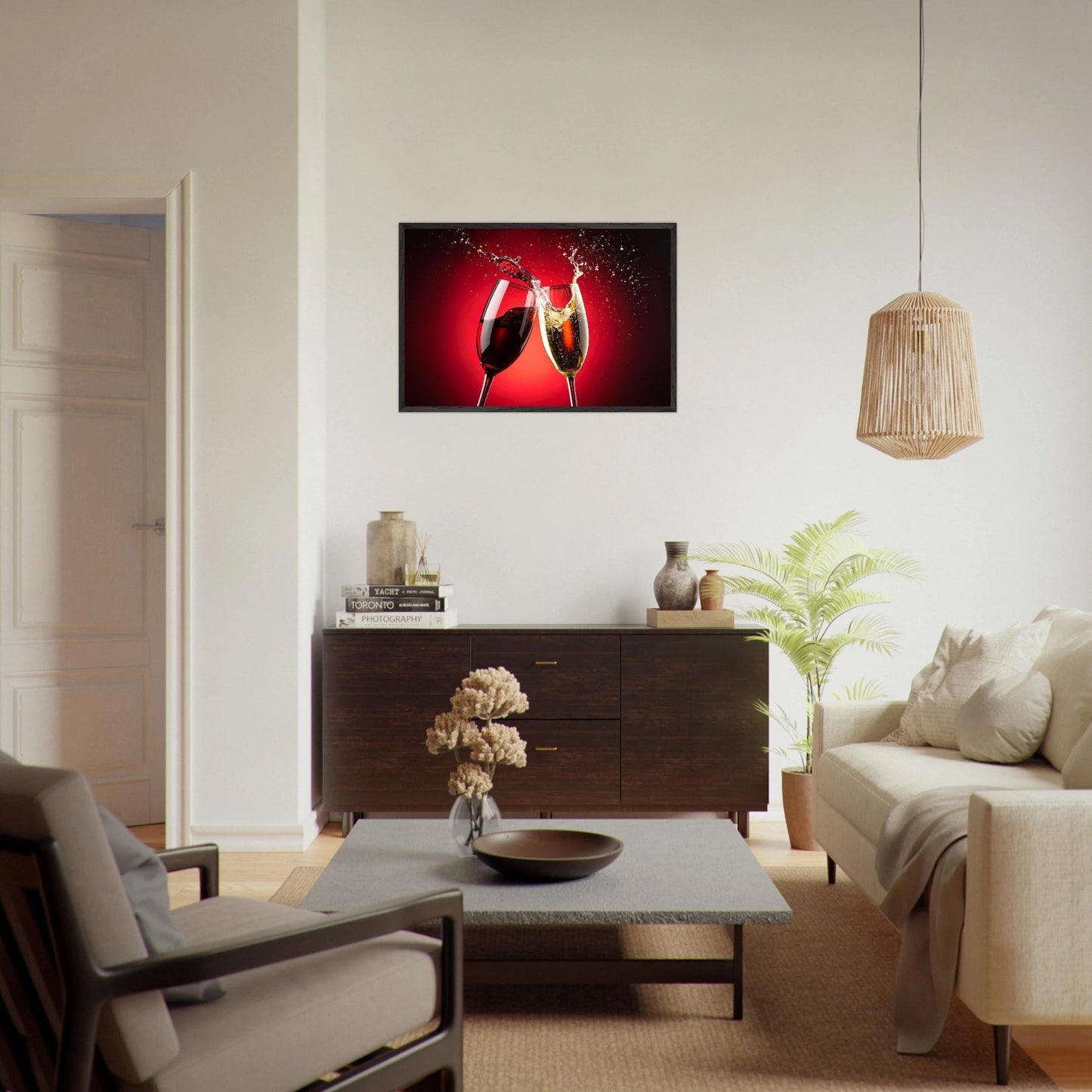 sophisticated canvas print depicting toasting red wine and champagne glasses, perfect for elegant home decor.