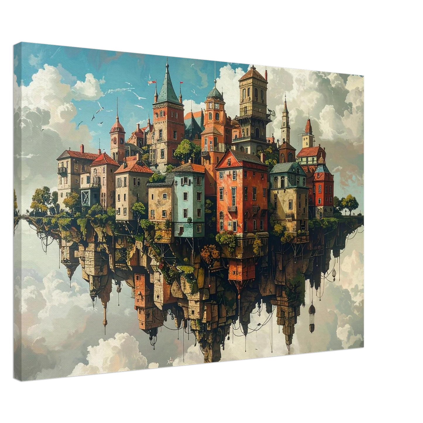 Fantasy cityscape painting with colorful buildings on a reflective surface.