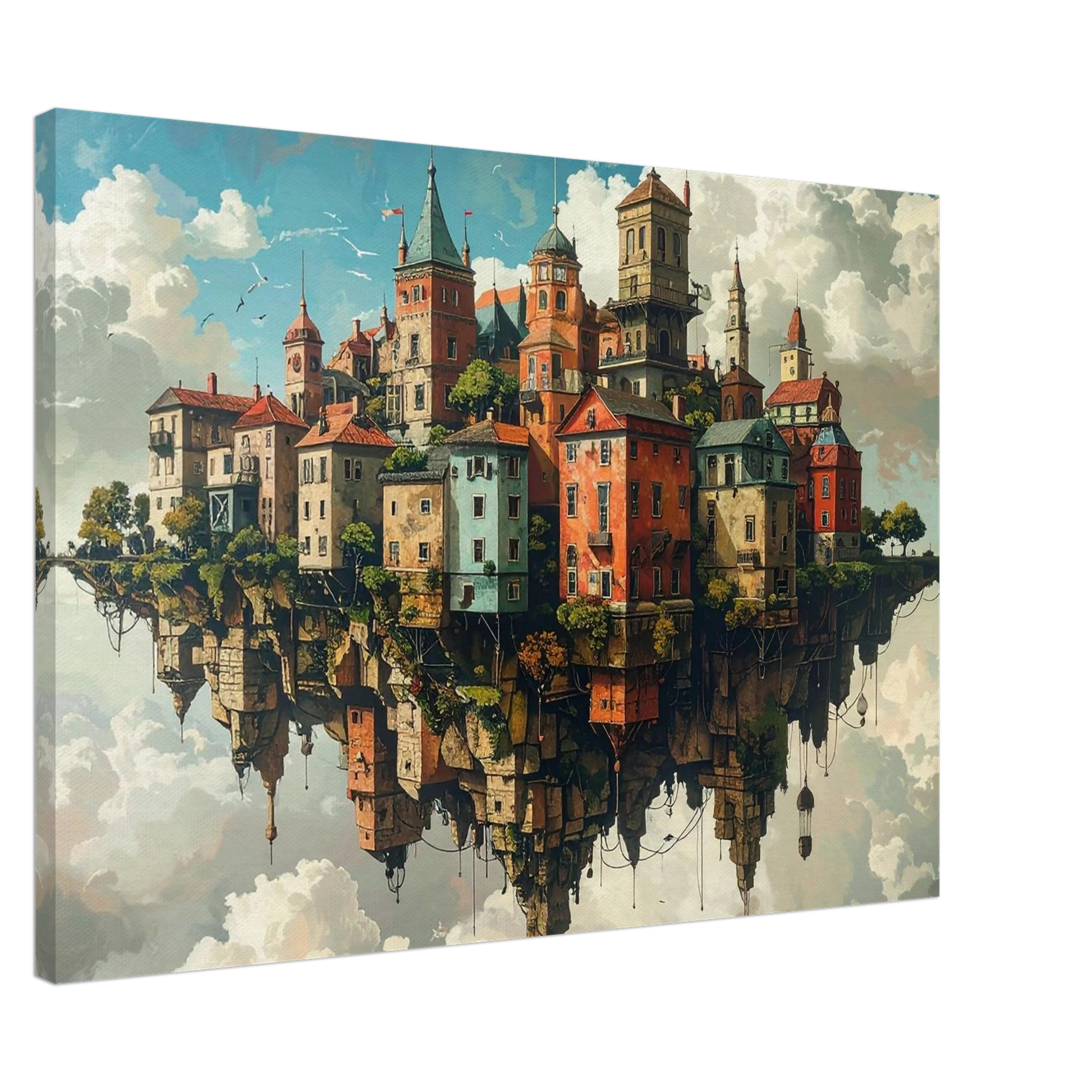 Fantasy cityscape painting with colorful buildings on a reflective surface.