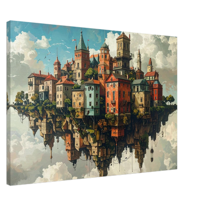 Fantasy cityscape painting with colorful buildings on a reflective surface.