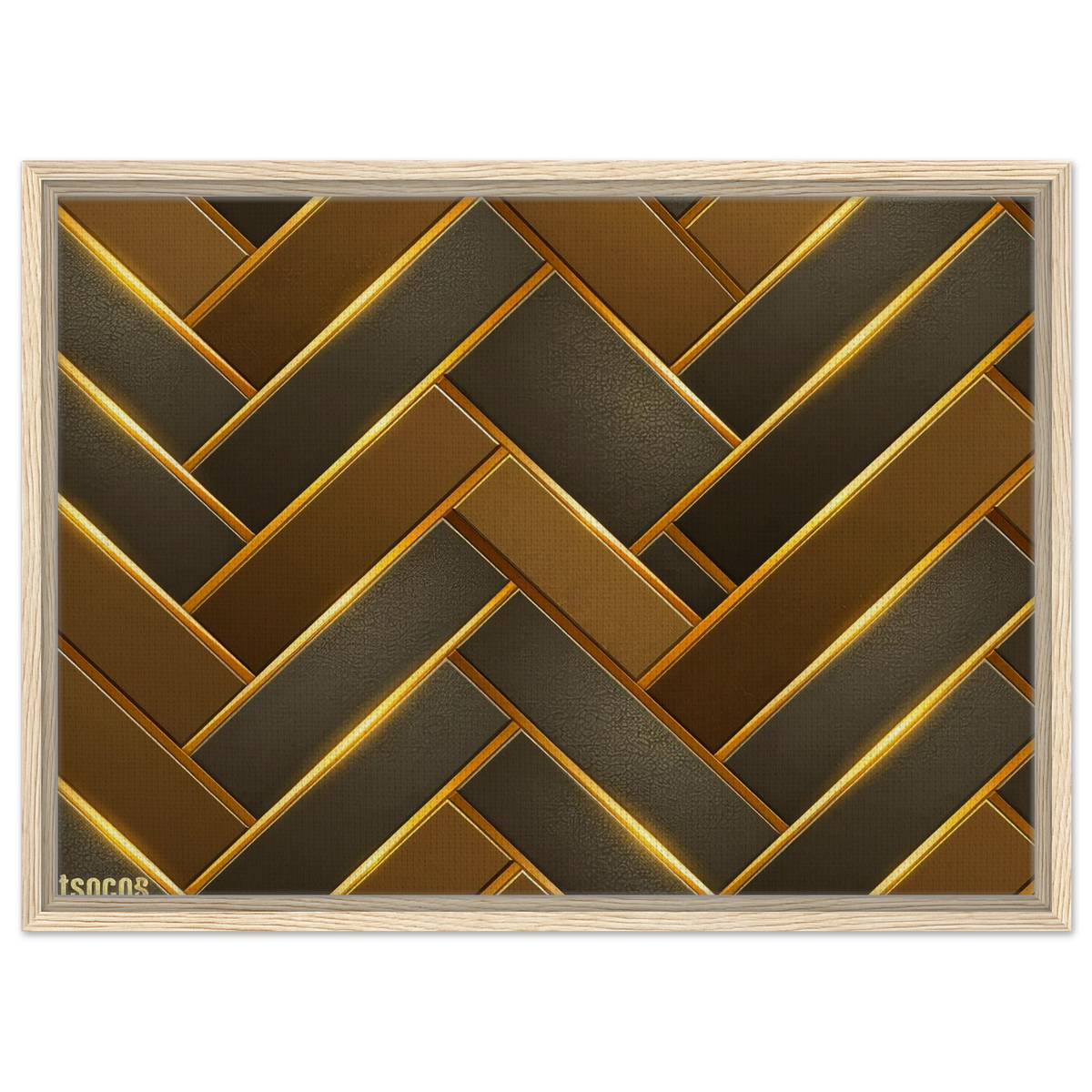 A framed wall art print featuring a geometric herringbone pattern in metallic gold and dark brown tones, enclosed in a light natural wood frame.
