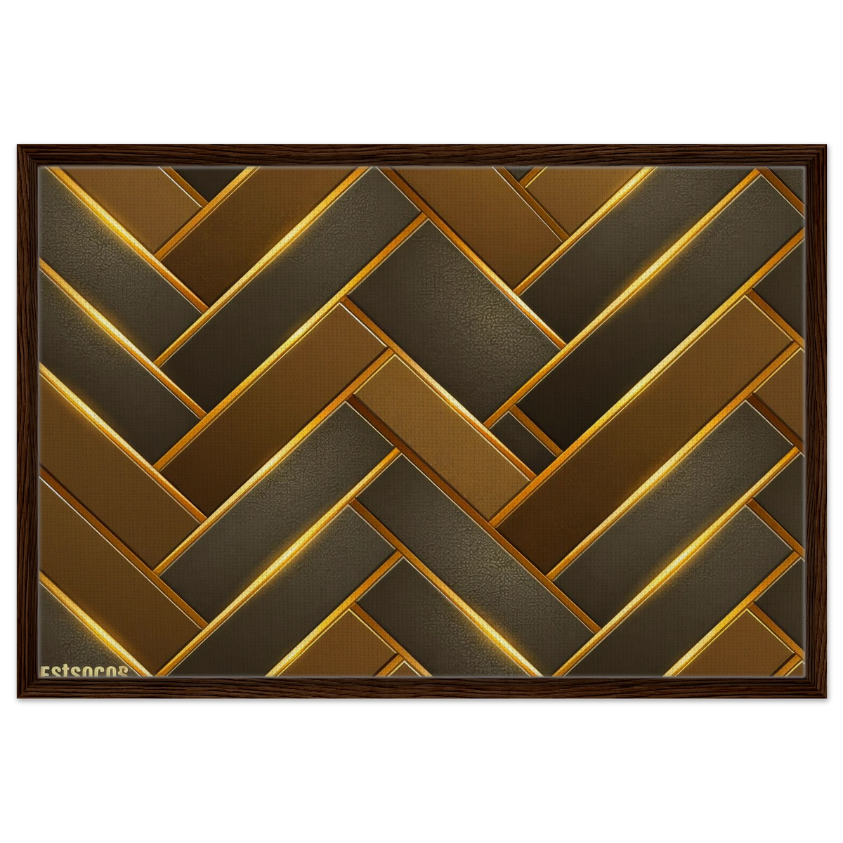 A framed wall art print featuring a geometric herringbone pattern in metallic gold and dark brown tones, enclosed in a dark wood frame against a white background.