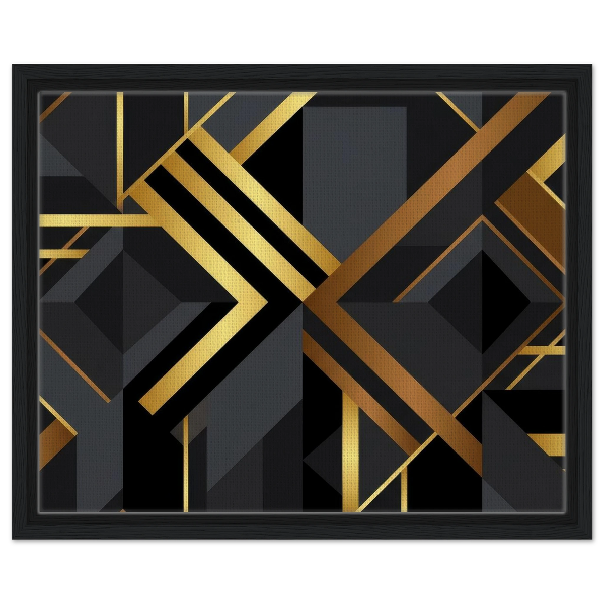 Framed abstract geometric wall art featuring bold black and metallic gold lines, shapes, and blocks, presented in a black frame against a plain white background.