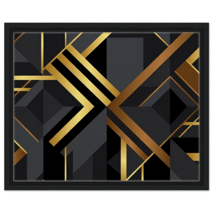Framed abstract geometric wall art featuring bold black and metallic gold lines, shapes, and blocks, presented in a black frame against a plain white background.