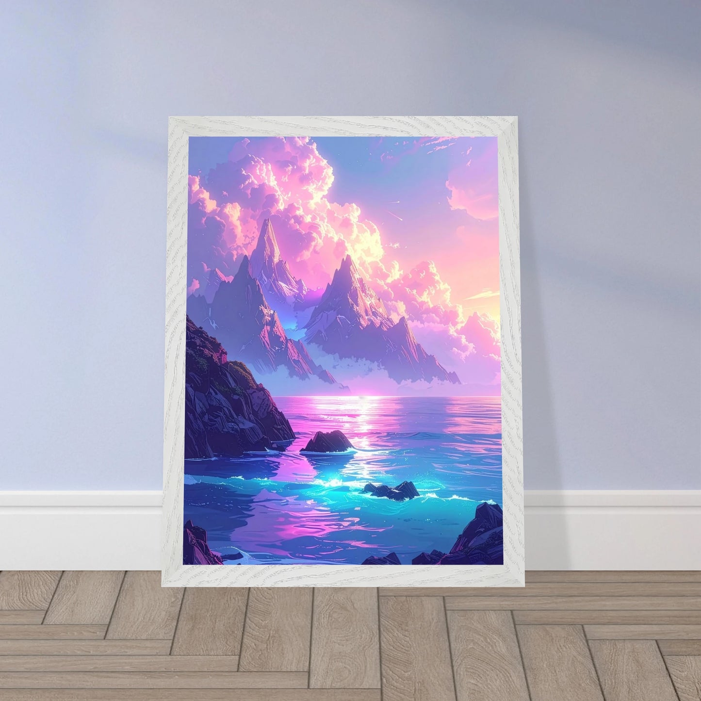 A beautiful and serene canvas print of majestic mountains floating in a soft, dreamy atmosphere 