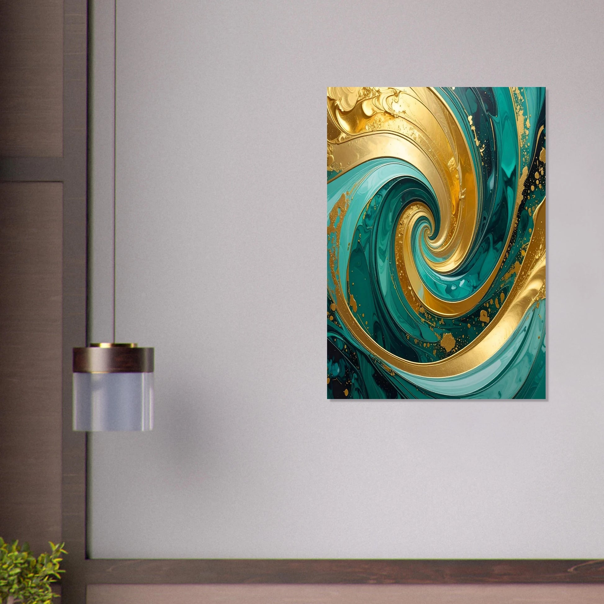 Elegant abstract fluid art with flowing swirls of gold, teal, and emerald green textures.