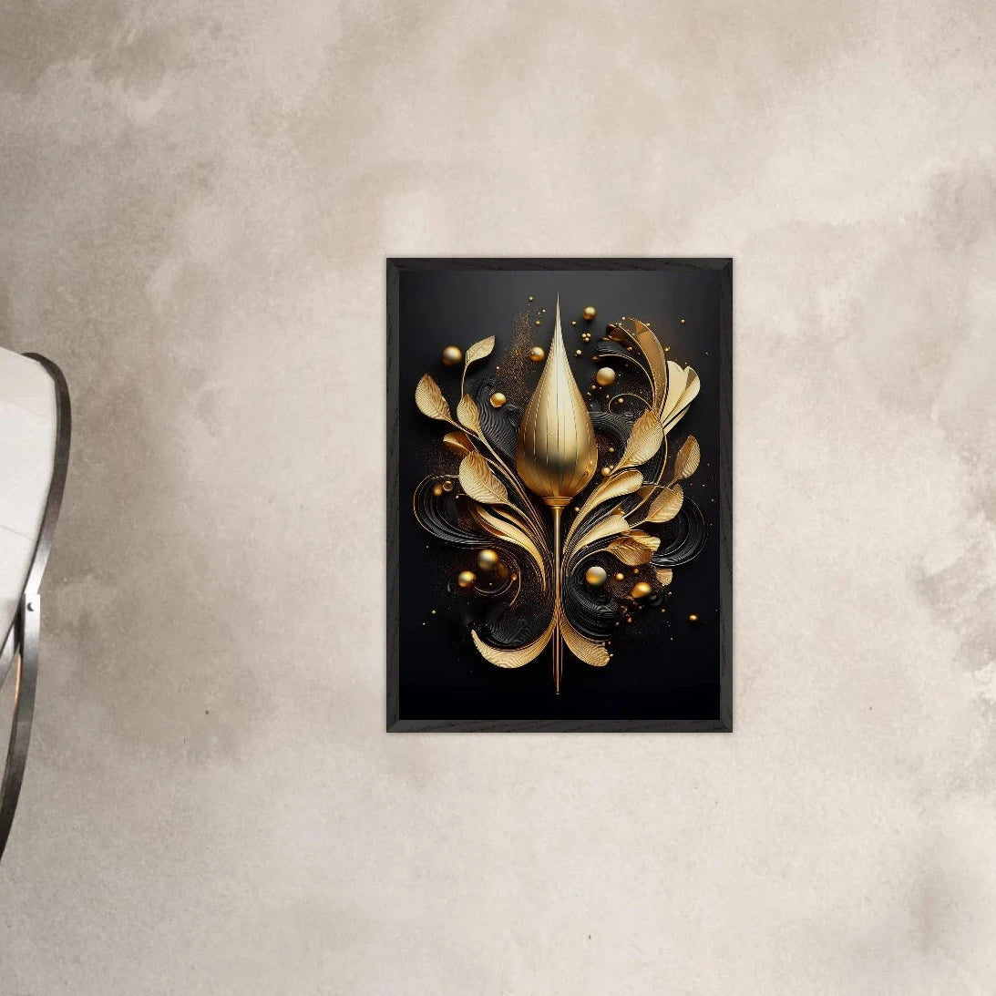 A modern 3D abstract representation of a floral bud in metallic gold, styled for a contemporary room.

