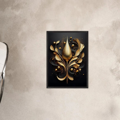 A modern 3D abstract representation of a floral bud in metallic gold, styled for a contemporary room.

