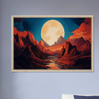 Vivid retro -futuristic art print of a giant glowing moon over a dark landscape with vibrant neon accents.