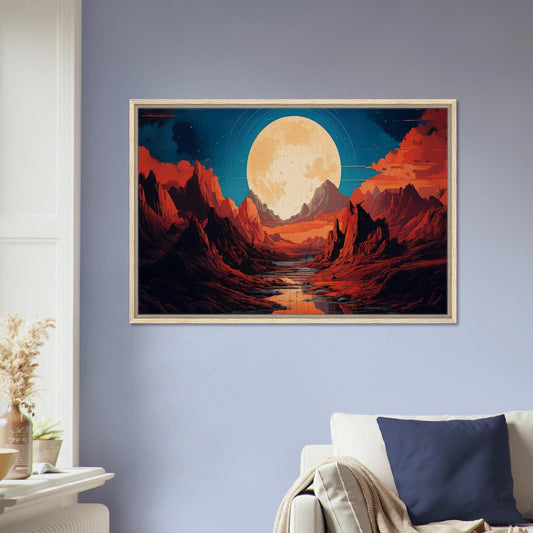 Vivid retro -futuristic art print of a giant glowing moon over a dark landscape with vibrant neon accents.