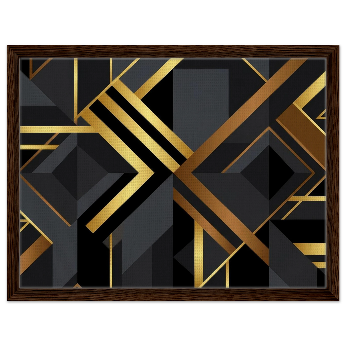 Framed abstract geometric wall art featuring a bold art deco design with black, dark gray, and metallic gold lines and shapes, enclosed in a dark brown wood frame.