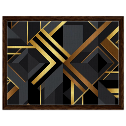 Framed abstract geometric wall art featuring a bold art deco design with black, dark gray, and metallic gold lines and shapes, enclosed in a dark brown wood frame.