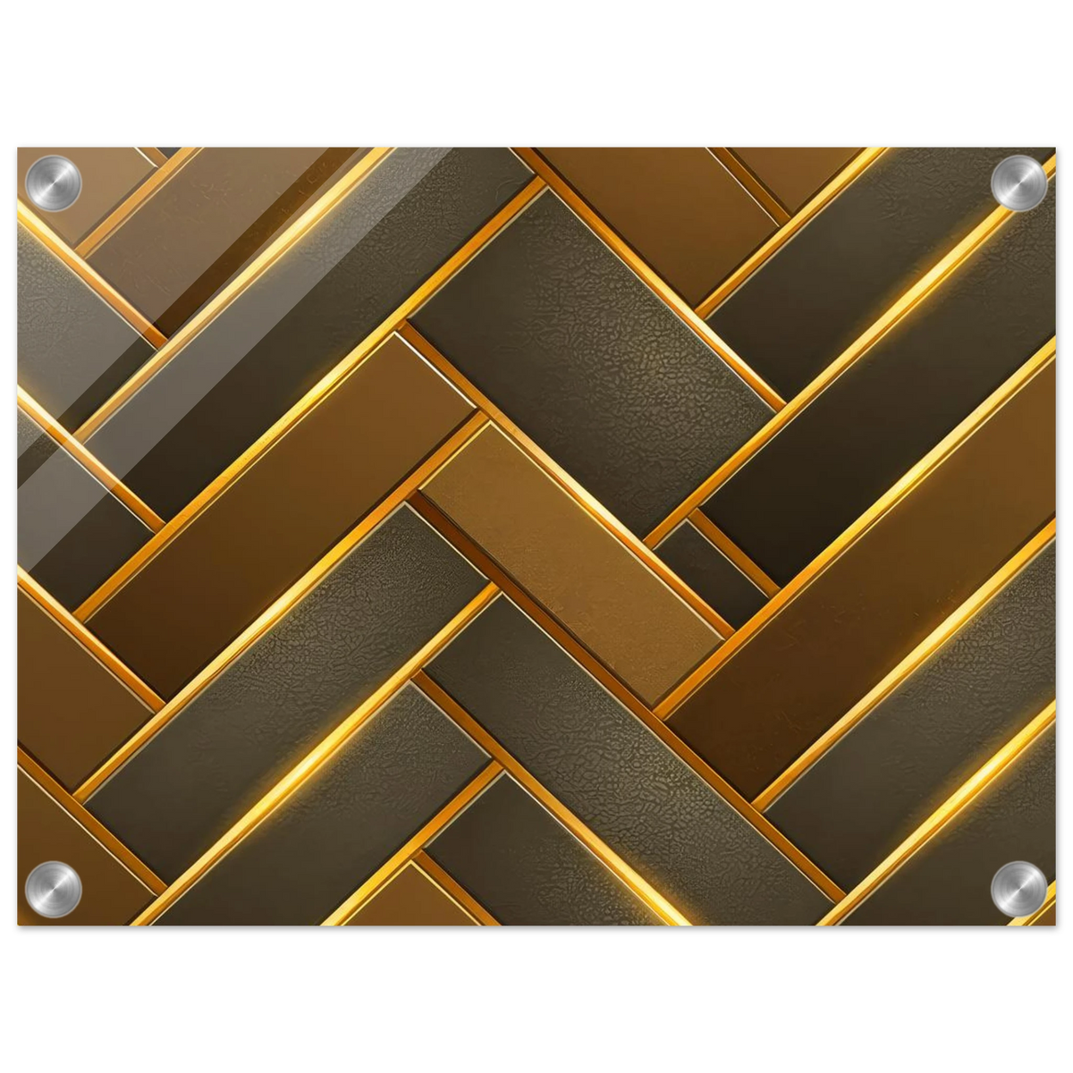 The Golden Herringbone modern geometric wall art print on 1/4 inch high-gloss acrylic with rich gold and charcoal interlocking pattern.