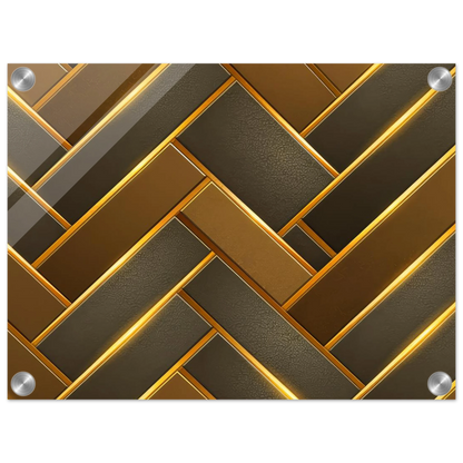 The Golden Herringbone modern geometric wall art print on 1/4 inch high-gloss acrylic with rich gold and charcoal interlocking pattern.