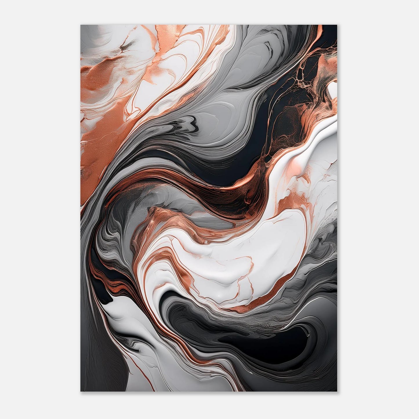  Abstract fluid painting featuring metallic rose gold, charcoal grey, and white marble swirls