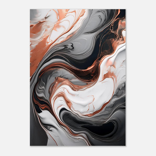  Abstract fluid painting featuring metallic rose gold, charcoal grey, and white marble swirls