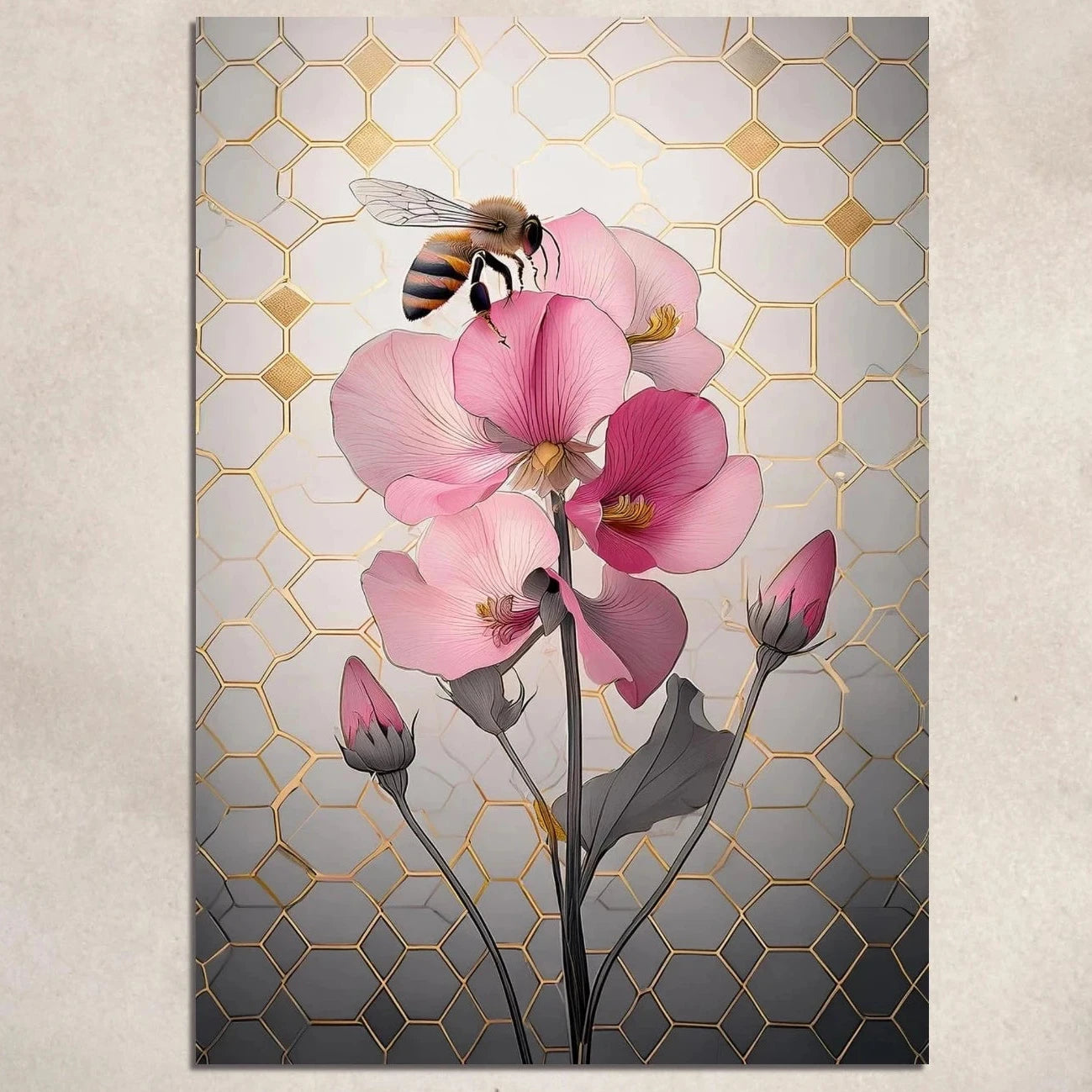 Graphic illustration of a honeybee flying near pink sweet pea blossoms with a subtle gold and grey honeycomb pattern in the background.