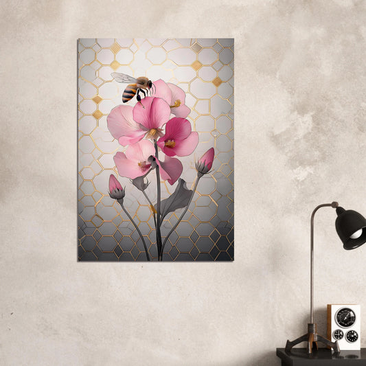 Graphic illustration of a honeybee flying near pink sweet pea blossoms with a subtle gold and grey honeycomb pattern in the background.