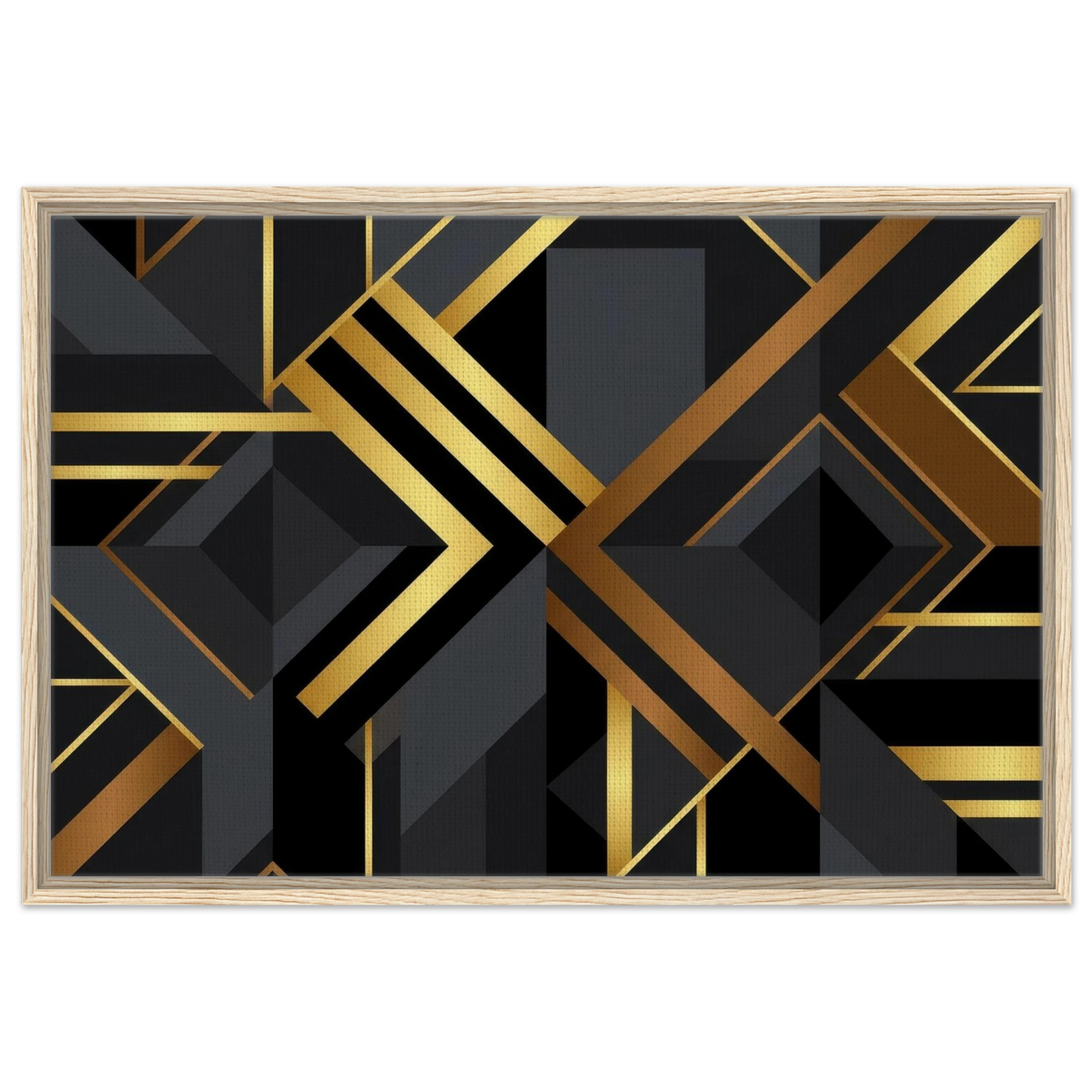 A framed abstract art print featuring a bold geometric Art Deco design in black and metallic gold, set within a light wood frame against a plain white background.