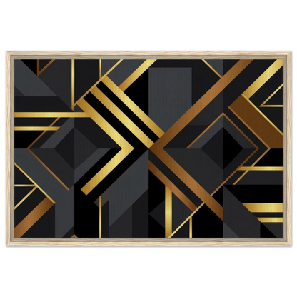 A framed abstract art print featuring a bold geometric Art Deco design in black and metallic gold, set within a light wood frame against a plain white background.