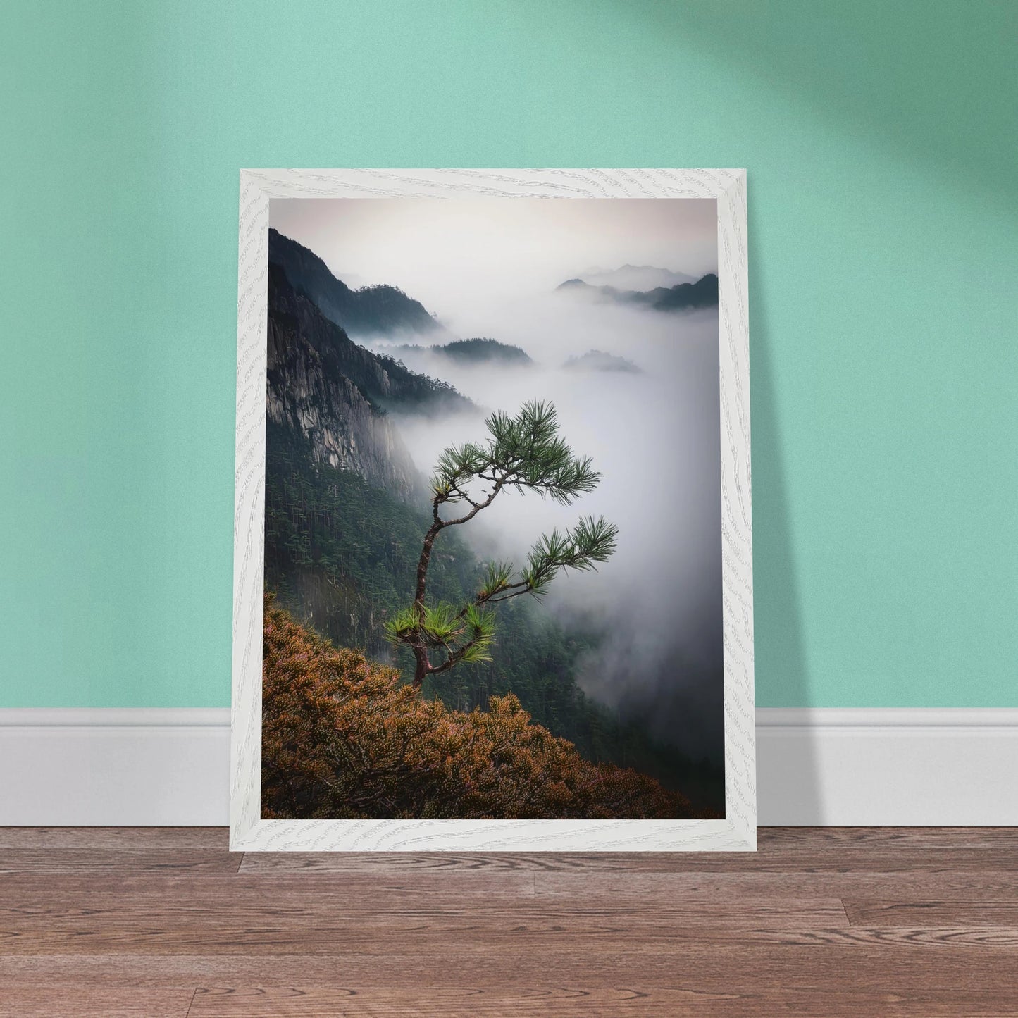 Minimalist Zen Japandi Landscape wall art with custom imprinted texture in a neutral room.