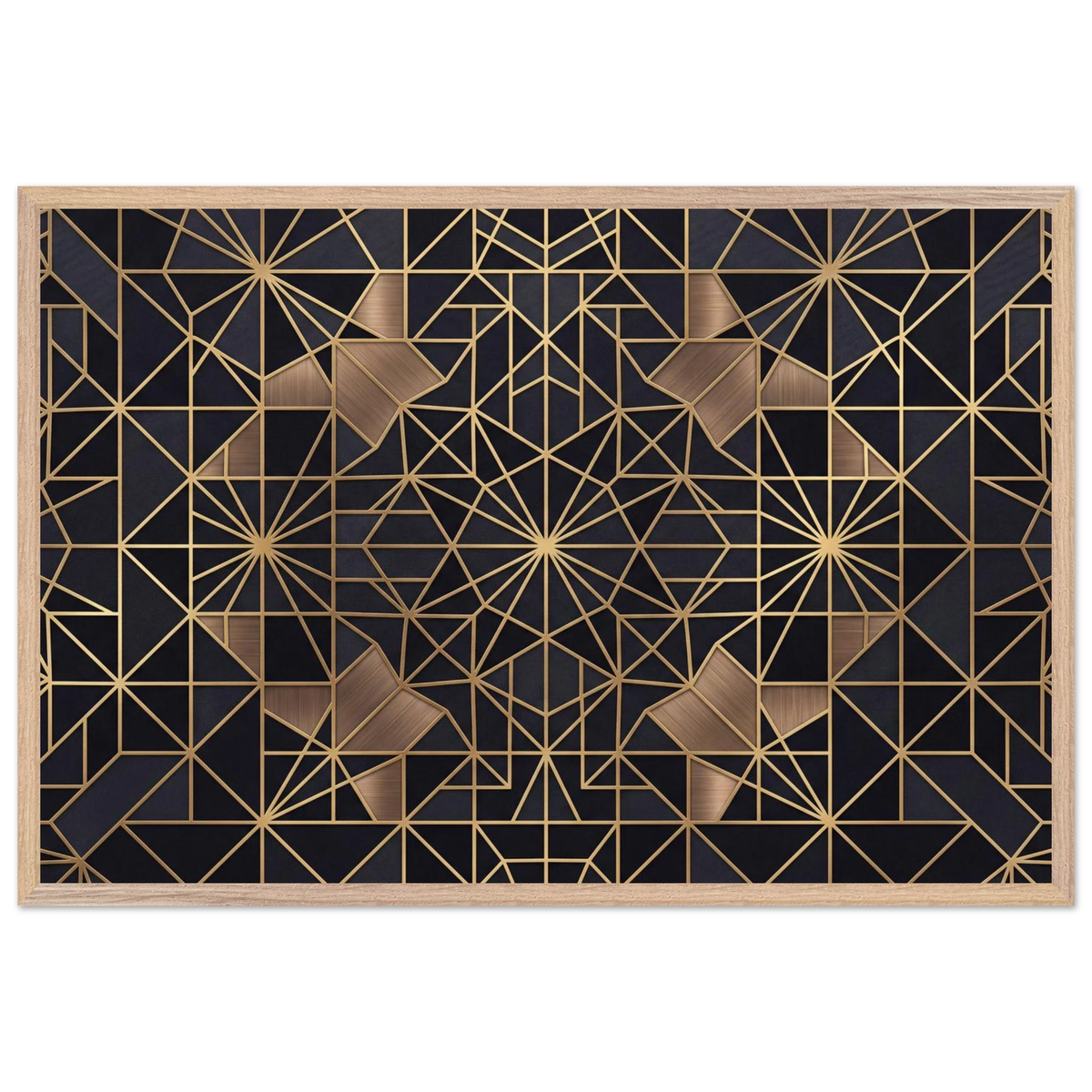 The Obsidian Art Deco geometric wooden framed poster in natural wood frame