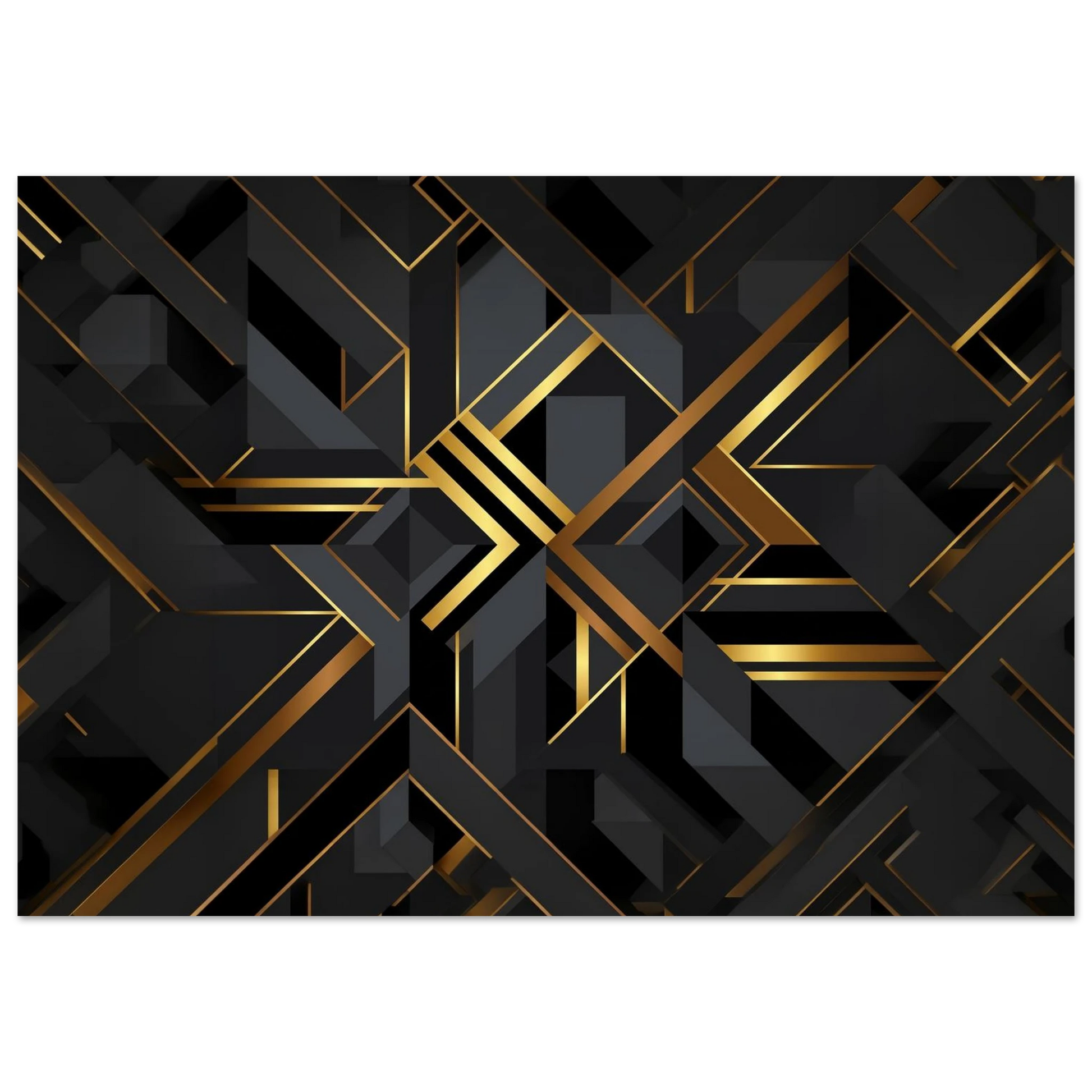 Flat front-facing view of a luxury modern abstract geometric composition with interlocking polished gold lines and structured velvet black shapes.