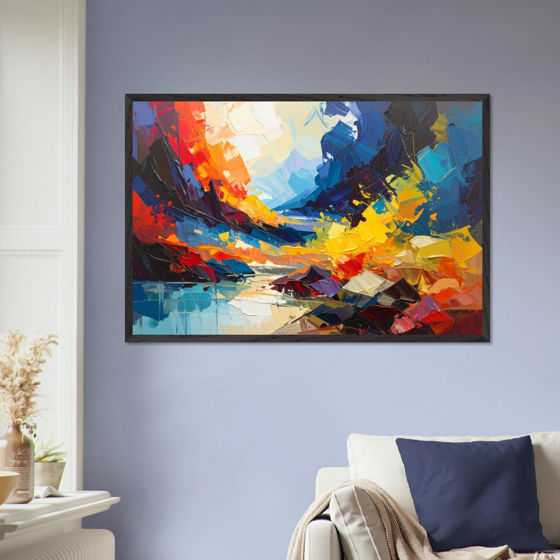 An oversized abstract canvas painting featuring bold, dramatic brushstrokes and a vibrant palette of rich colors.