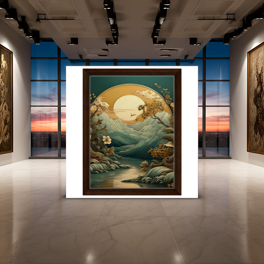 Enchanted Golden Forest Pond with Sun and Butterflies Wall Art