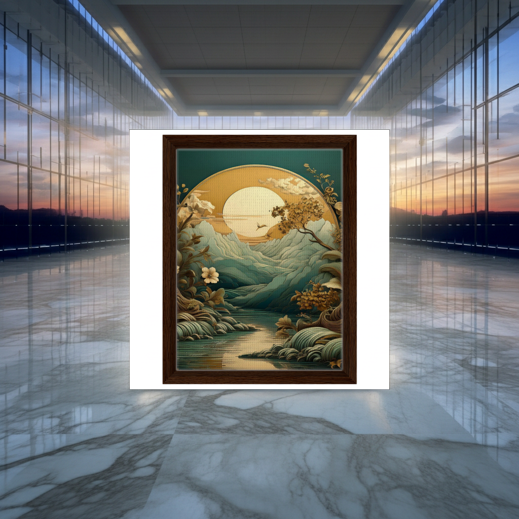 Enchanted Golden Forest Pond with Sun and Butterflies Wall Art