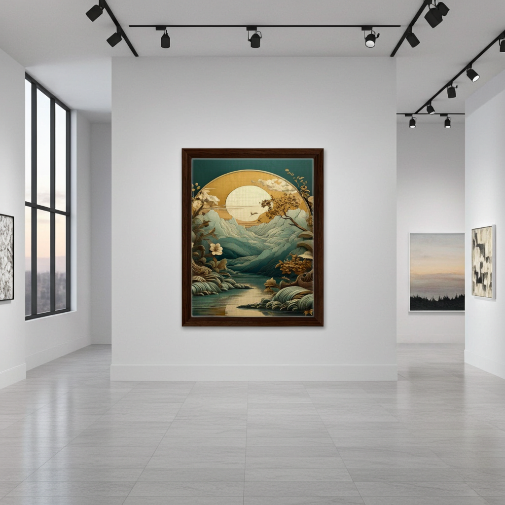 Enchanted Golden Forest Pond with Sun and Butterflies Wall Art