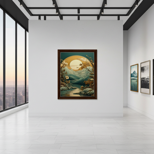 Enchanted Golden Forest Pond with Sun and Butterflies Wall Art