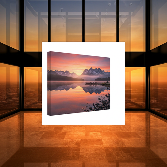 Mountain River Mirror : Where Snow Meets Sunset Canvas Wall Art